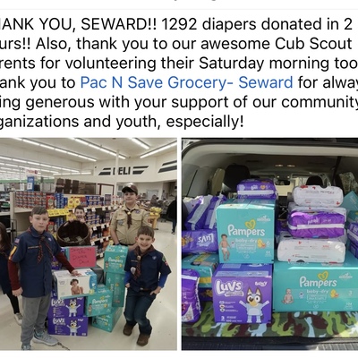 Seward Cub Scouts volunteering to collect diapers for Sixpence
